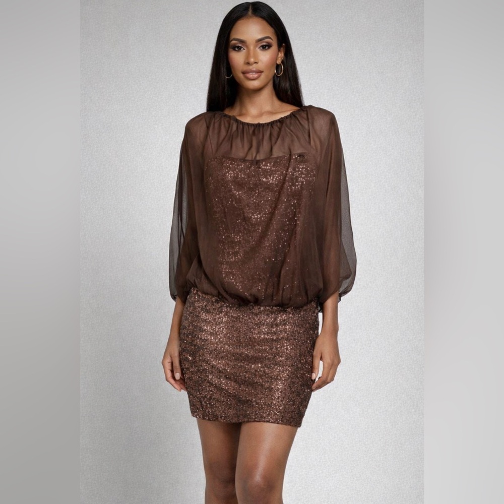 Suzi Chin Maggy London Dress Copper Brown 14 Sequin Sheer Sheath Party Wedding